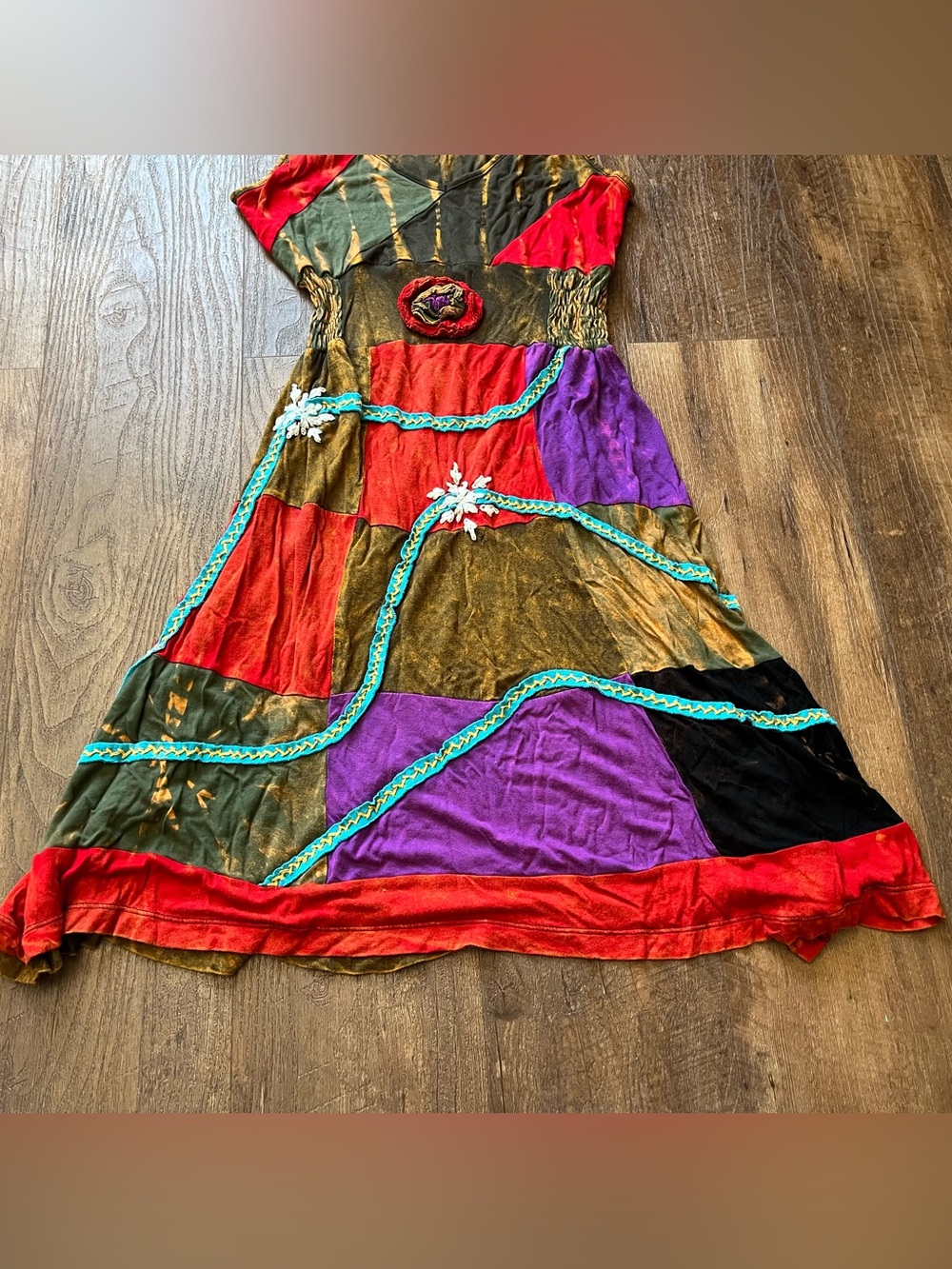 Rising International Boho Dress Embroidered Applique Tie-Dye Colorful Sz medium - Picture 2 of 5